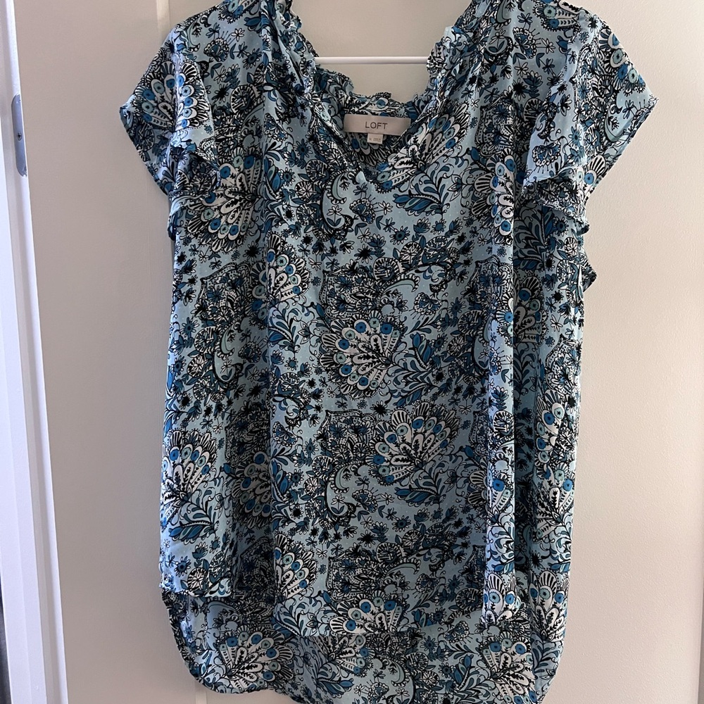LOFT Black and Blue Patterned Blouse